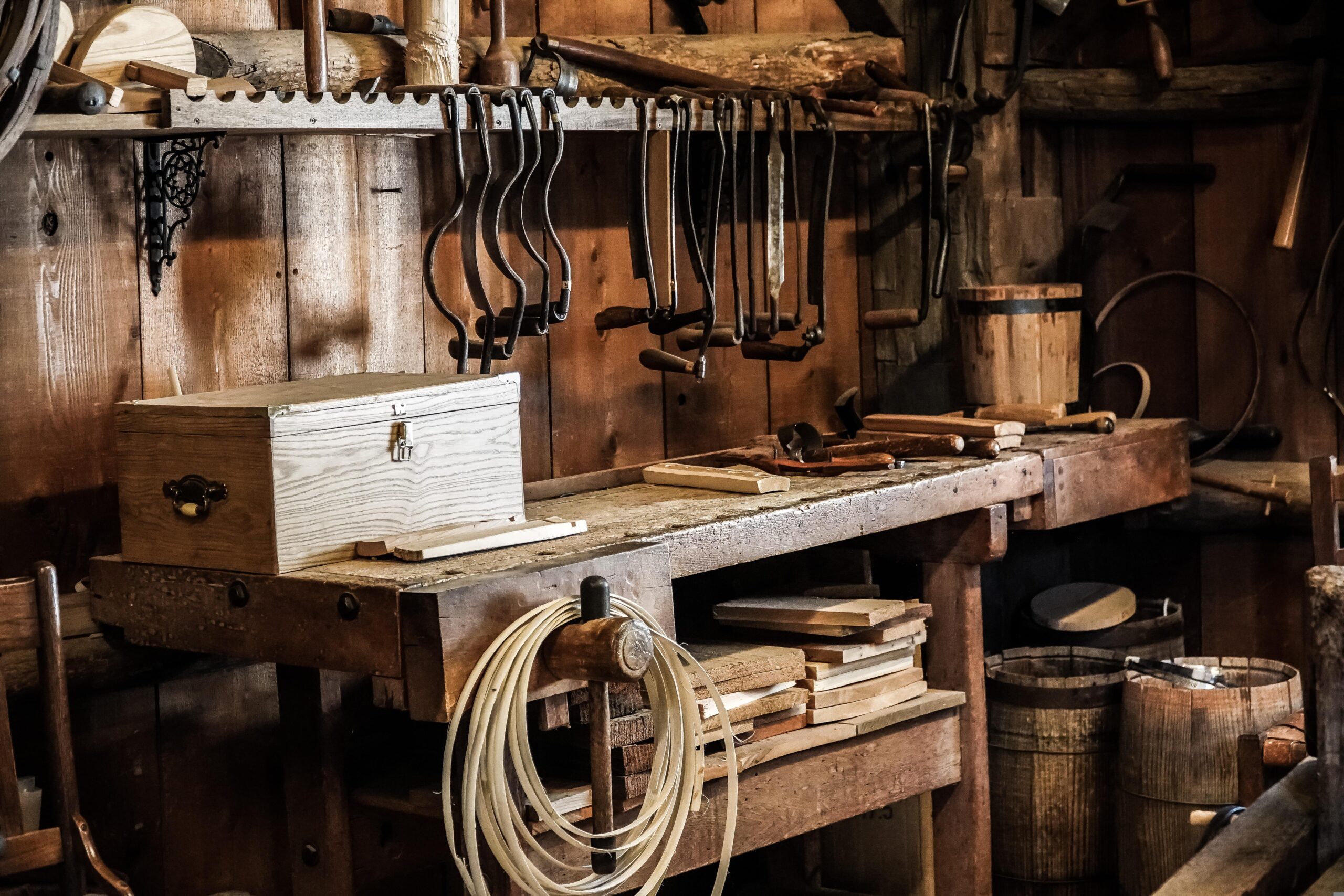 A shed with various carpentry tools