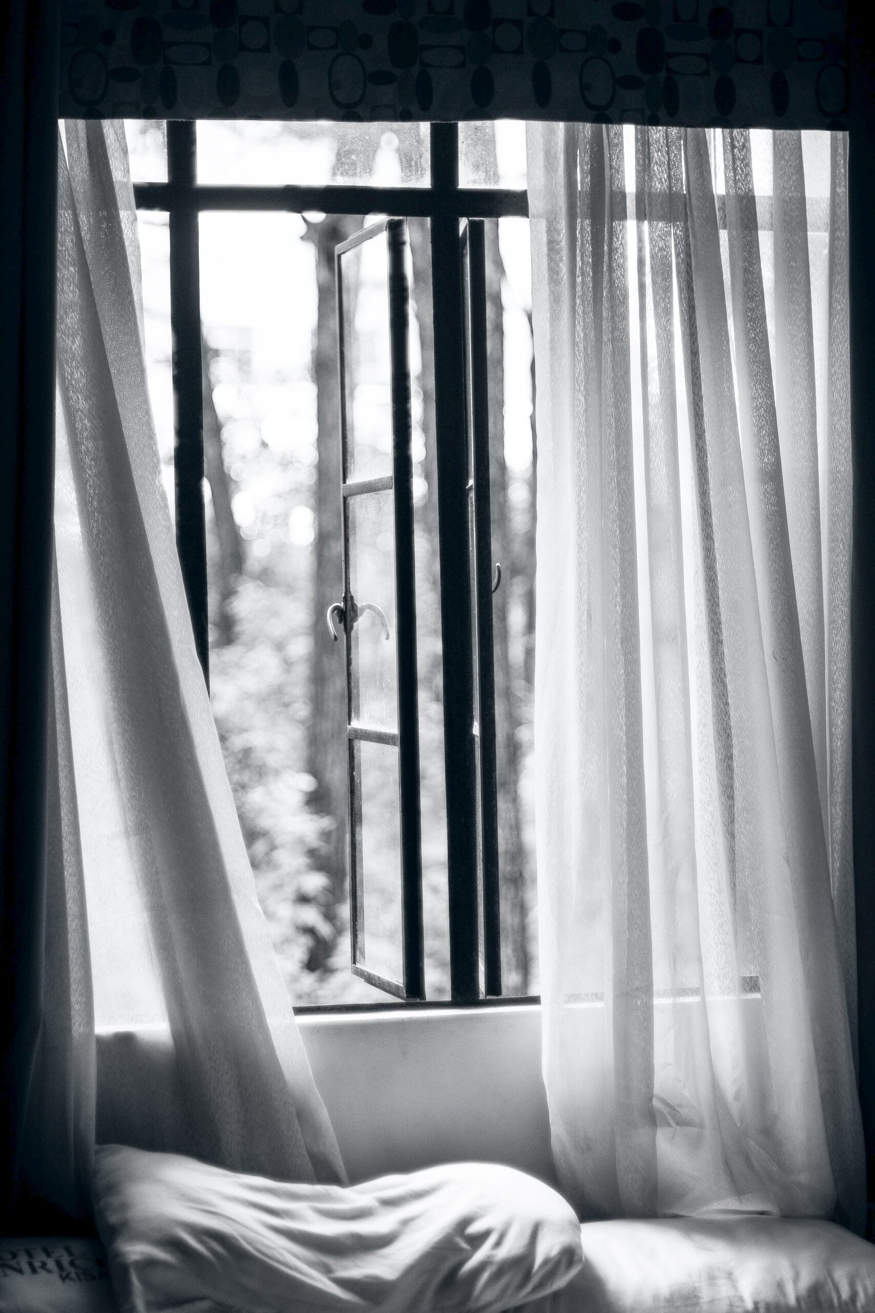 a black and white image of a bedroom window looking out